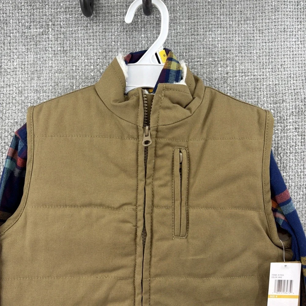 Eddie Bauer Kids Size 6 Tan Faux Sherpa Lined Vest‎ Blue Plaid Flannel Shirt Set
